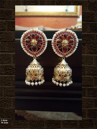 Intricate work red stone jhoomki with beads