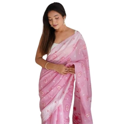 Women's Cotton Printed Saree With Unstitched Blouse 5.5Mtr (Pink)-PID60312