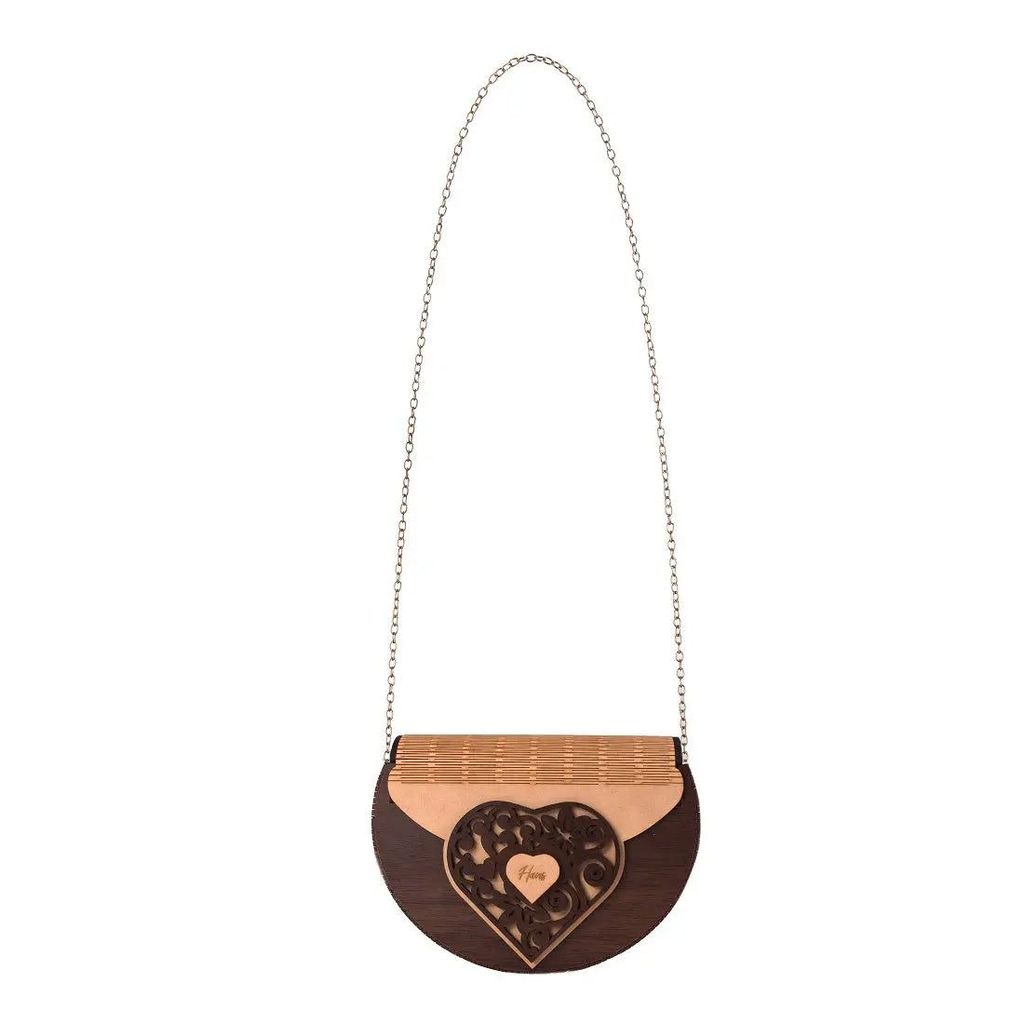 Handcrafted Wooden Heart Engraved Handbag with Gold Chain Strap - Stylish Eco-Friendly Crossbody Bag for Perfect Rakhi Festival Gift for sister