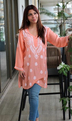 Modal Peach Handwork Chikankari Short Kurti-L