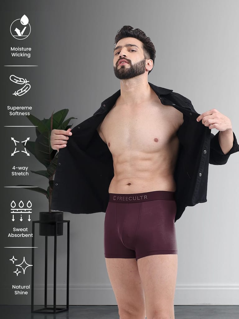 FREECULTR Men's Underwear Anti Bacterial Micromodal Airsoft Trunk - Non Itch No Chaffing Sweat Proof - Pack of 3-Sable Black,Port Wine,Avocado Green