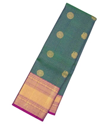 Peacock Blue Kanchipuram Silk Saree With Checks & Contrast Border-Peacock Blue
