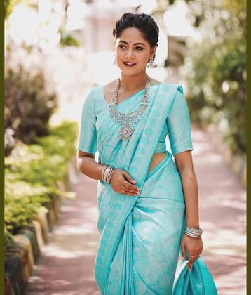 fab woven Art Silk Woven Kanjeevaram Sarees With Unstitched Blouse Piece ( Turquoise )