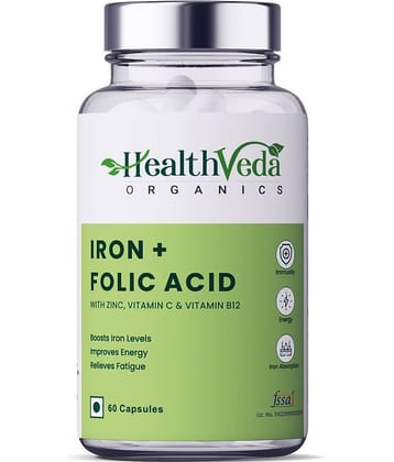 Health Veda Organics Iron+Folic Acid Supplements for blood building & Immunity, 60 Veg Capsules