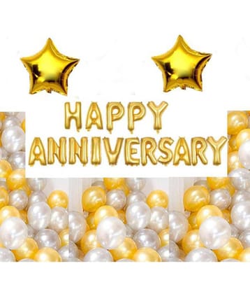 Pixelfox Happy Anniversary (16 Gold Foil Letters) + 2 Gold Star (10 inch) + 30 Metallic Balloons Combo (Silver , Gold)