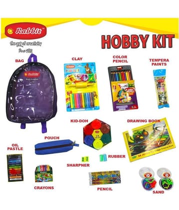 RABBIT Hobby Kit Bag for Kids|Play Doh Clay|Art Kit|HOBBY Stationery for Kids|Art Drawing Kit|12 Color Oil Pastels Wax Colors Color Pencils|Celebration Kit|Play Sand for Kids|HOBBY Bag of assorted Stationery|Drawing Book|Art Craft Kit|For 3+ Age