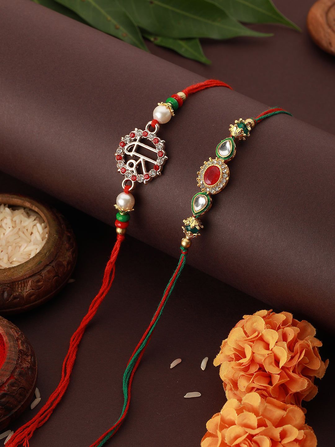Set of 2 Kundan & Pearl Beaded Rakhi with Roli Chawal