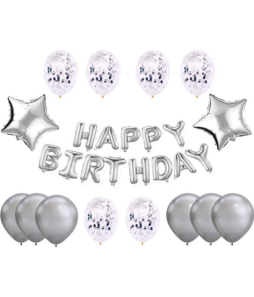 Happy Birthday Foil (Silver) + 30 Metallic Balloon (Silver) + 2 Star (Silver) + 6 Confetti Balloon (Silver)