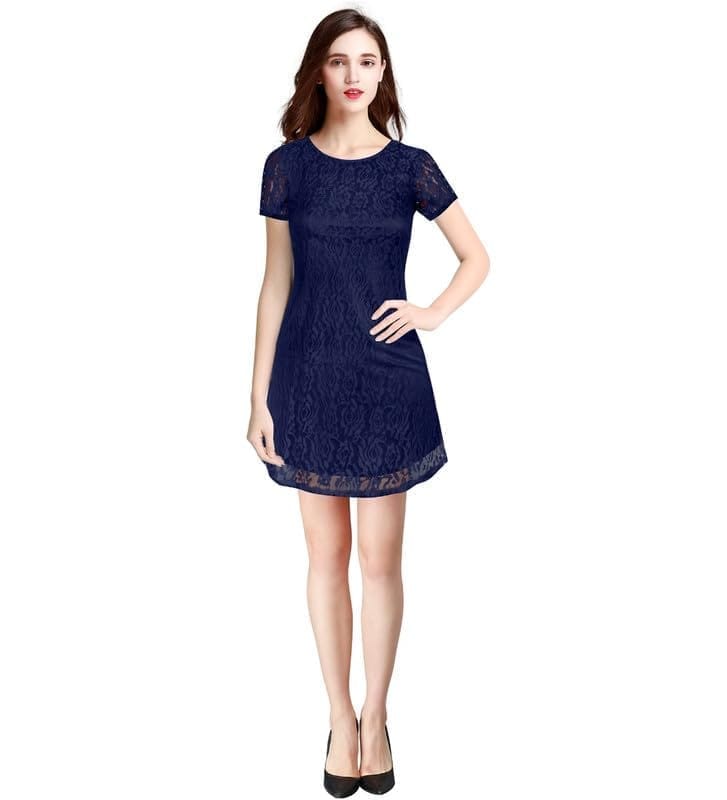 Women's Rasal Solid Round Neck Cap Sleeve Dresses (Blue, M)-PID56846