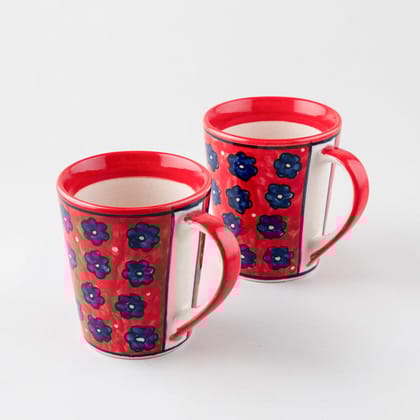 Red Floral Ceramic Coffee Mug - Set of 2 (Large)-3.5 inches (Upper diameter) x 2.75 inches (Base diameter) x 4 inches (Height) / Blue / Red / Ceramic