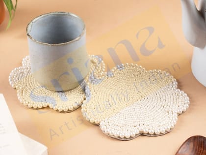 Srjana Handcrafted White Beaded Coaster 1pc Srjana Handcrafted White Beaded Coaster 1pc