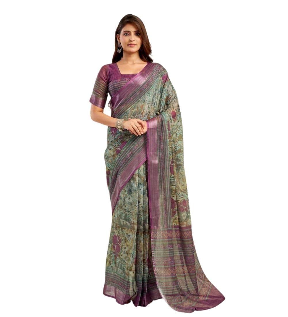 Women's Faux Linen Printed Ready to wear Saree With Unstitched Blouse 5.5Mtr (Multicolor)-PID65883