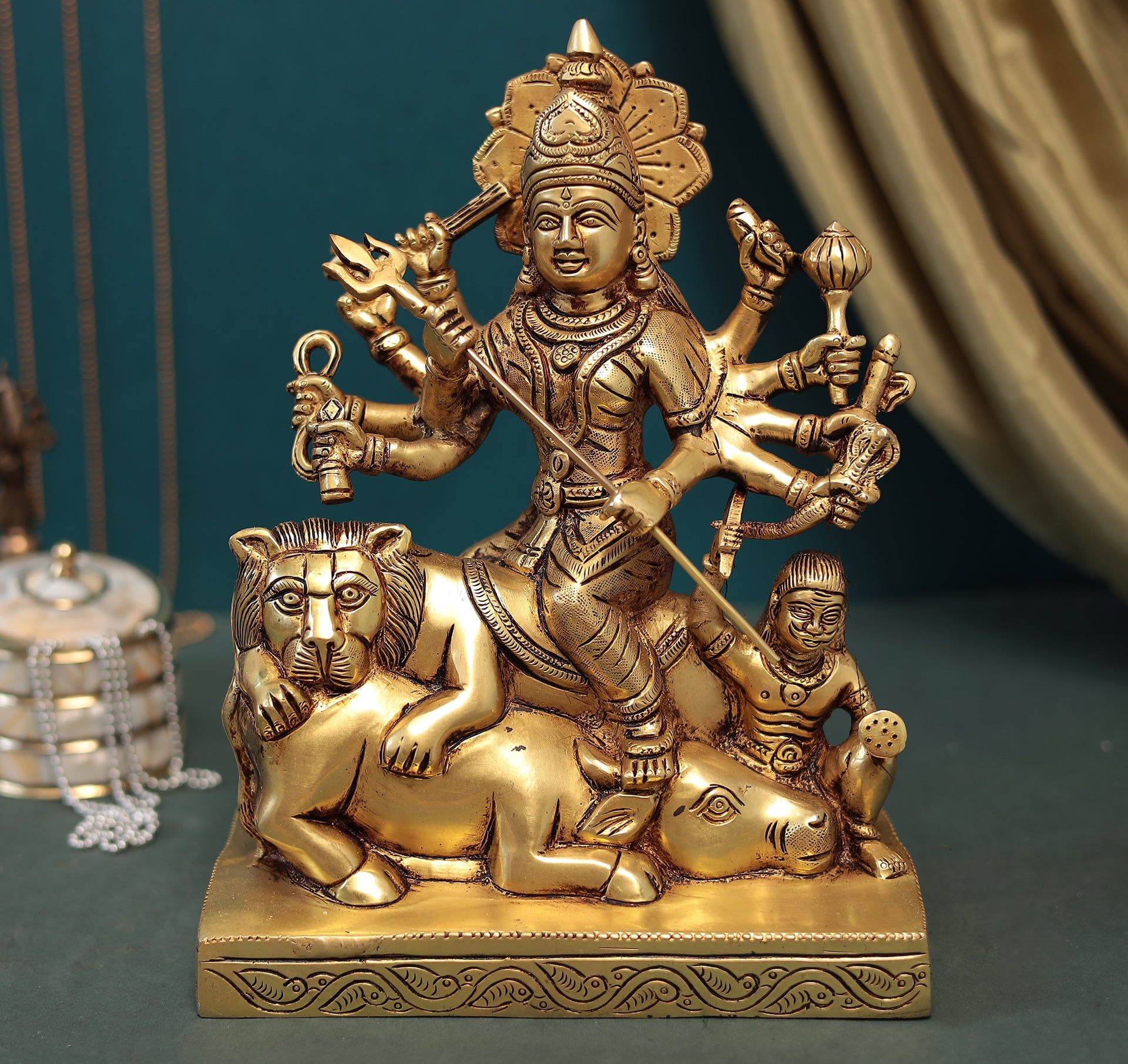 Brass Durga Maa Idol/Mahishasura Mardini Idol In 10 Inches (25.5 Cms)-Height - 10 Inches (25.5 Cms) / Brass