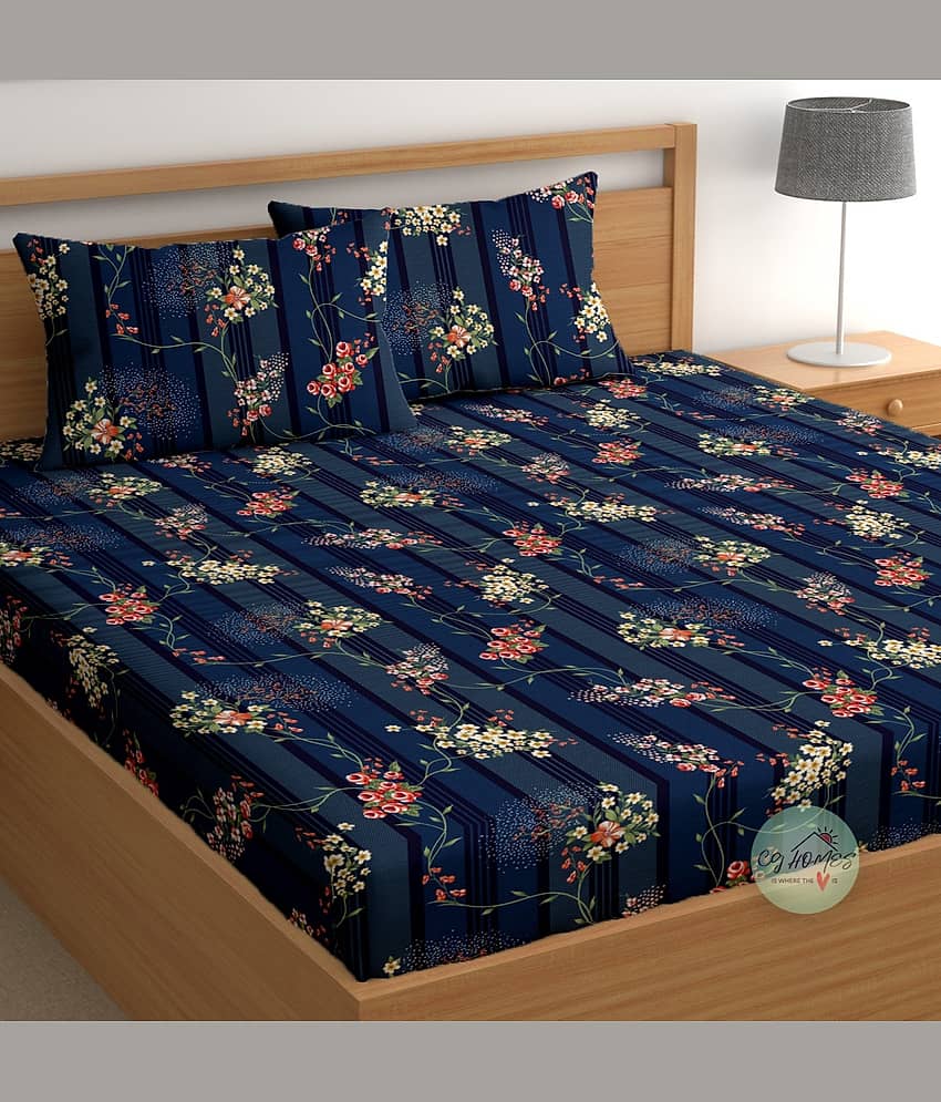 CG HOMES Navy Blue Microfiber 1 Double Bedsheet with 2 Pillow Covers ( 220 cm x 220 cm )