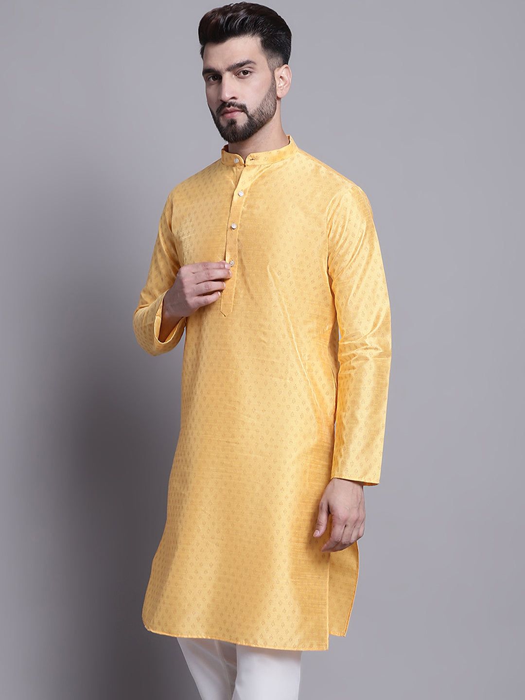 Men's Silk Blend Mustard Printed Long Kurta-36