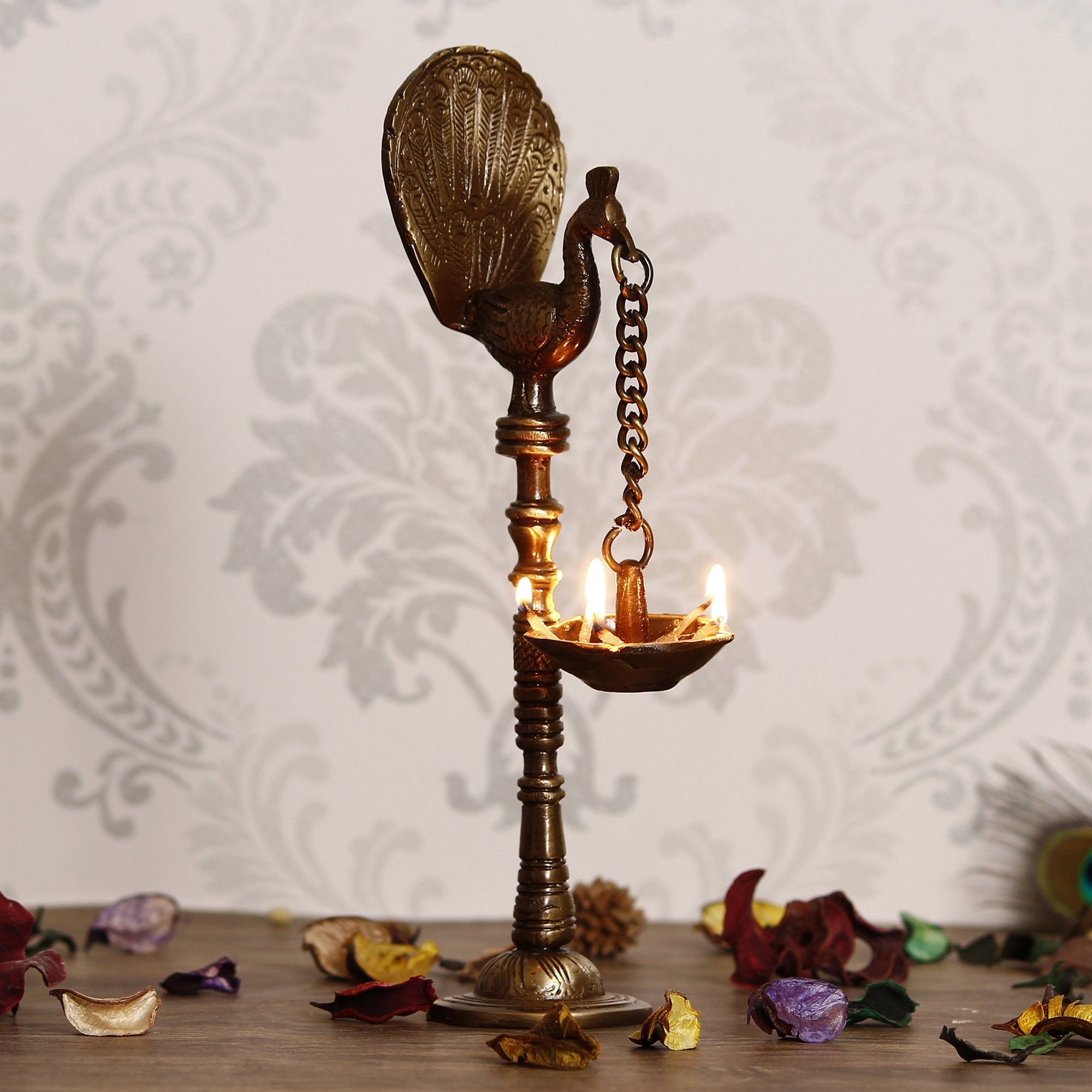 Golden Decorative Handcrafted Peacock Showpiece Brass Diya for 5 wicks with Stand