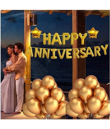 Pixelfox Happy Anniversary (16 Gold Foil Letters)  + 2 Gold Star + 30 Metallic Balloons (Gold)