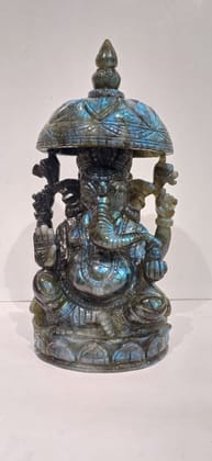 Hand-Carved Labradorite Lord Ganesha Statue with Chhatra – Divine Stone of Magic Idol by Ratnajyoti