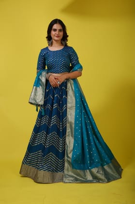 Teal Banarasi Semi-Stitched Lehenga Choli