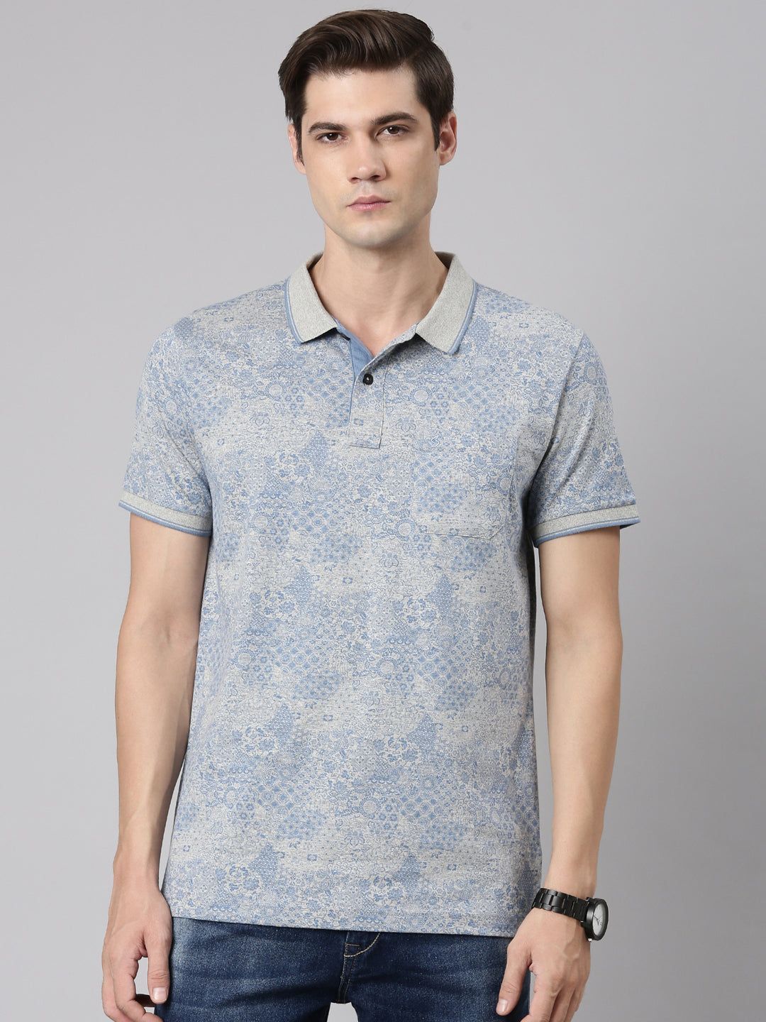 Classic Polo Men's Polo Neck Cotton Grey/Blue Slim Fit Printed T-Shirt | BELLO-288 A SF P