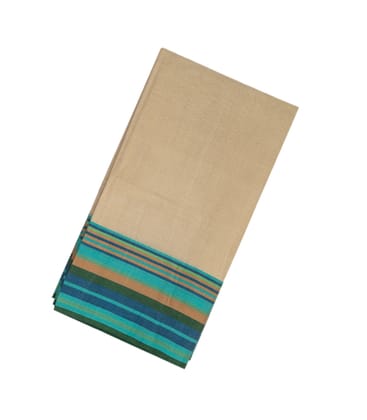 Taupe Handloom Plain Bengal Cotton Saree With Cyan Border-Taupe