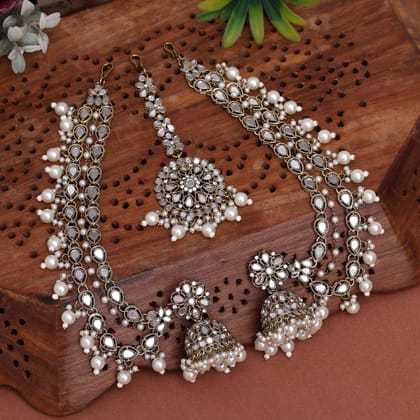 Ivory White Color Mirror Earrings With Maang Tikka-Chain Length: 17.00 CM | Earring Length: 5.50 CM x Width: 3.00 CM / White / Alloy With Good Quality Mehndi Gold Plated