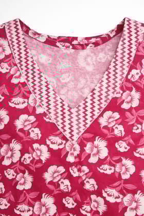 Women Pink Floral Printed Kurti with Pant | Soft Cotton Blend | 3/4 Sleeve A-Line Kurta Set for Daily Wear & Office