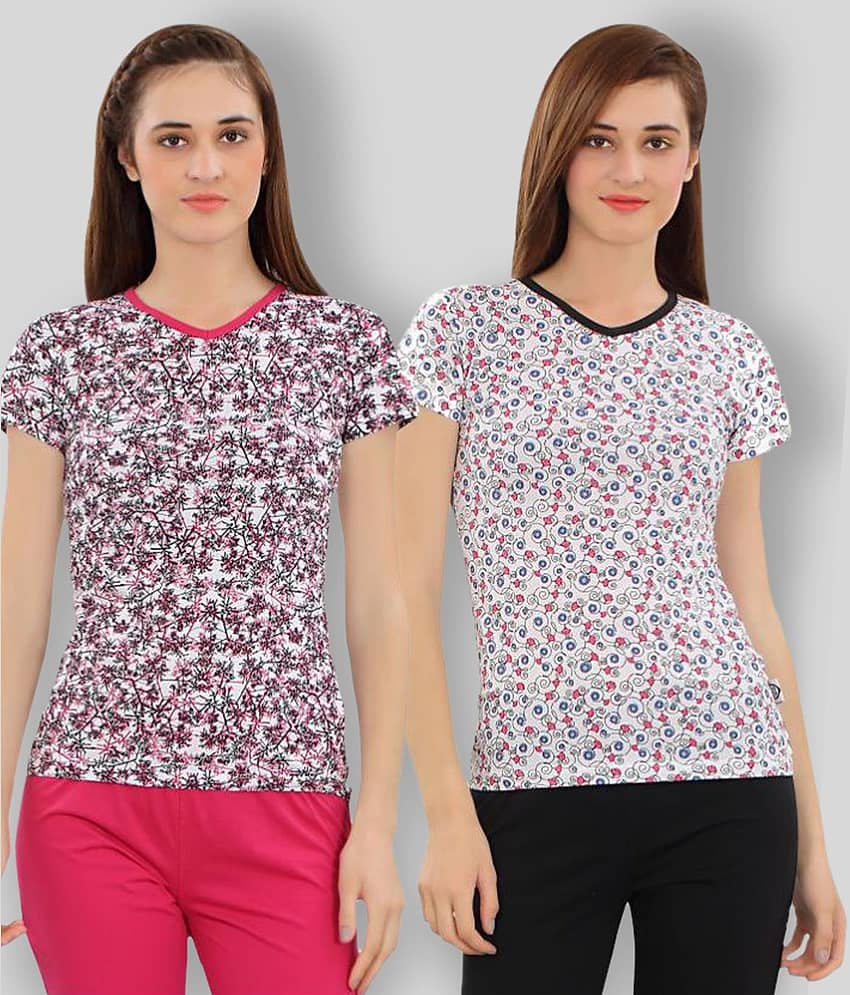 Zebu Women Cotton Blend Printed Regular Fit V-Neck T-Shirt ( Multicolor )