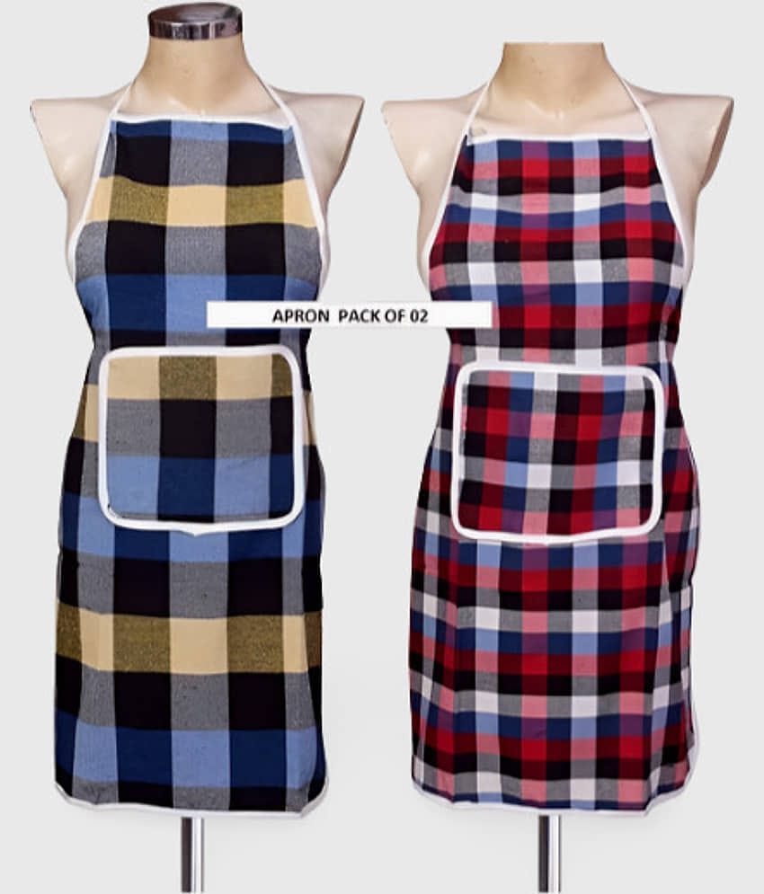 CreadCraft Cotton Checks Kitchen Apron with 1 Center Pocket ( Pack of 2 )