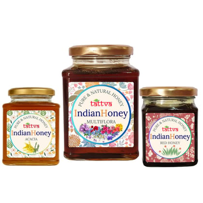 IndianHoney Himalayan Multiflora, Rare & HighFlavonoid Red Honey, & Rajasthan Acacia Honey Triple Combo Pack (500gm + 2x230gm)