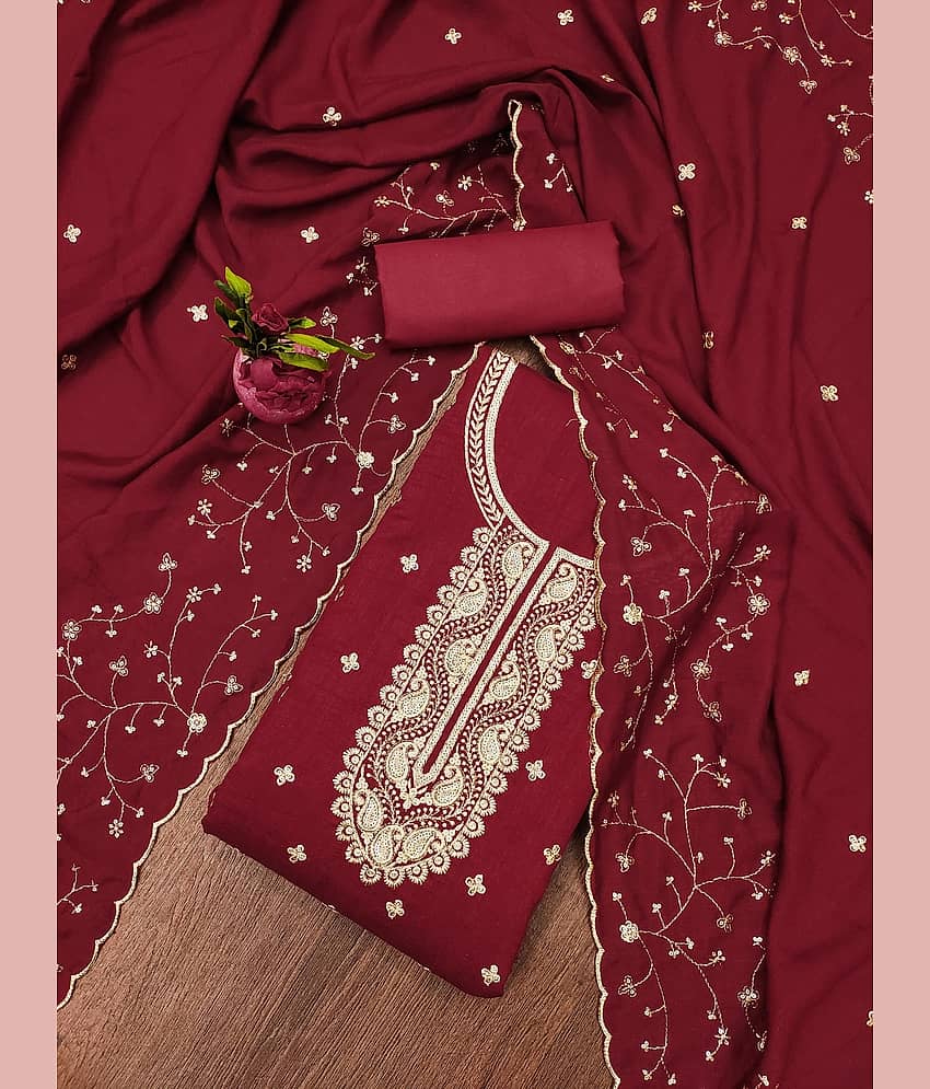 Rangtulika Ethnics Unstitched Cotton Blend Embroidered Dress Material - Maroon ( Pack of 1 )