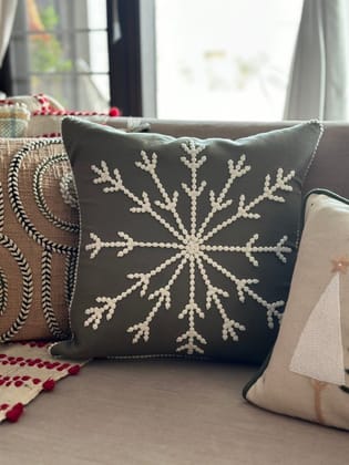 KRI India Snow Dori Snowflake Cushion Cover | Green with white pom pom dori  | 16x16 inches  | Wash & Care | 100% Cotton | Handcrafted in India. 100% organic & natural.