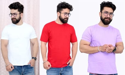 Tru Threads Solid Premium T-Shirt 3 Pcs Combo - White, Red, Lavender (Size-L)