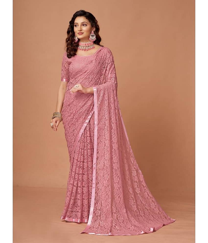 VANRAJ CREATION Brasso Self Design Saree With Unstitched Blouse Piece ( Pink )