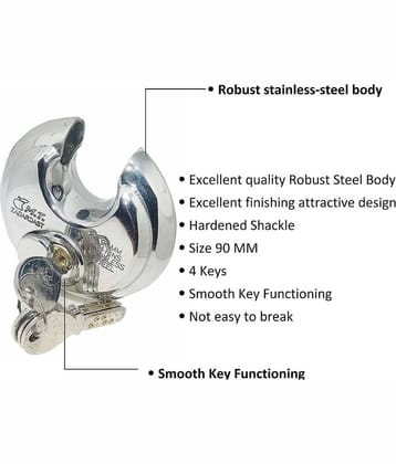 Unikkus zabardast stainless steel made heavy round DISC lock for shutter home door shop house and multipurpose, Size 90 MM with 4 keys