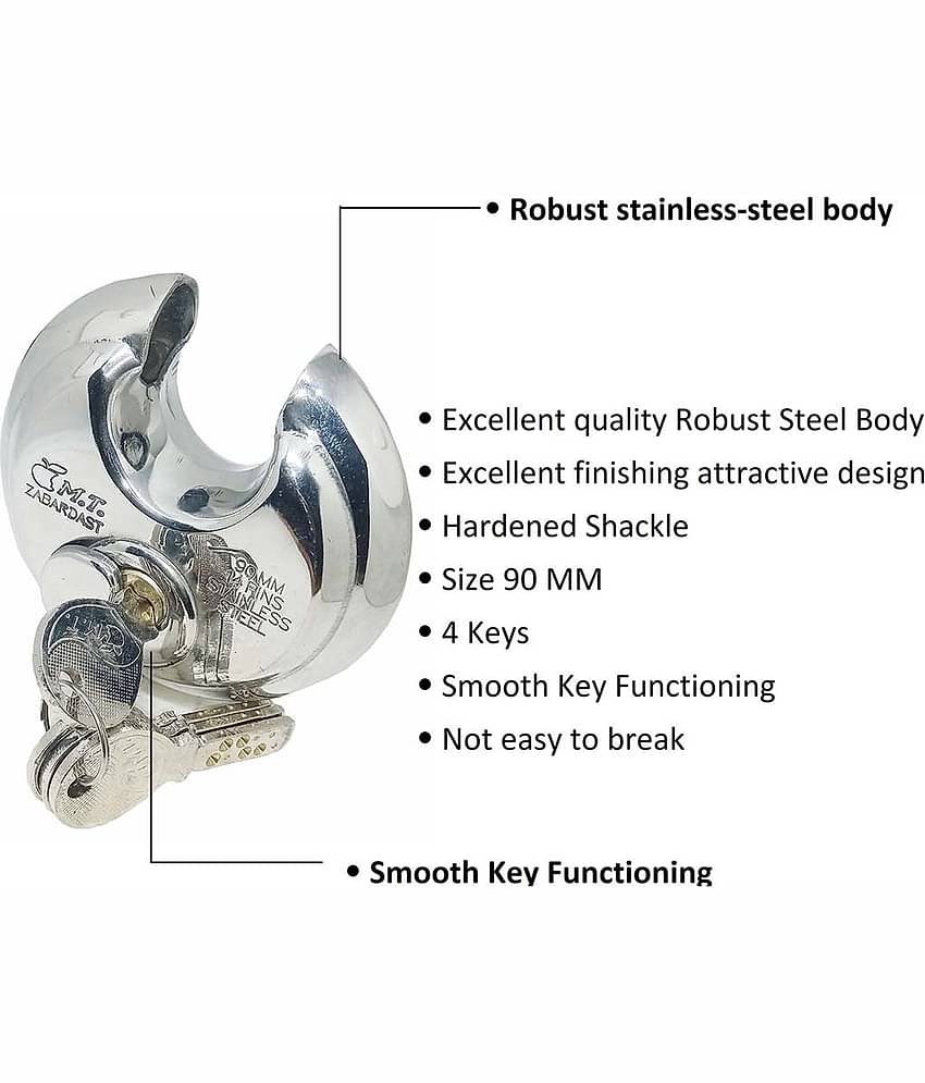 Unikkus zabardast stainless steel made heavy round DISC lock for shutter home door shop house and multipurpose, Size 90 MM with 4 keys