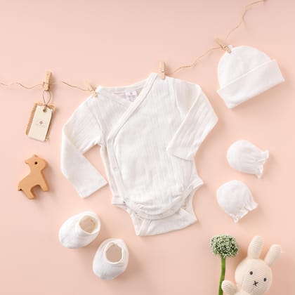 Poshaak Overlap Baby Bodysuit-Pearl White / 3-6 months with Cap Mittens and Booties