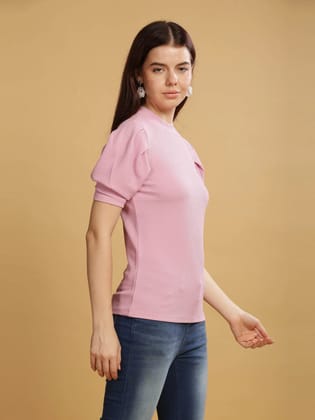 Women Karara Top, Puff Sleeve, Polyester, Rose Pink-XL / Pink