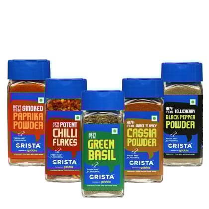 CRISTA Must-Haves Combo Pack (Basil 15 gm, Chilli Flakes 30 gm, Paprika Powder 45 gm, Black Pepper Powder 50 gm & Cassia Powder 40 gm) - Pack of 5