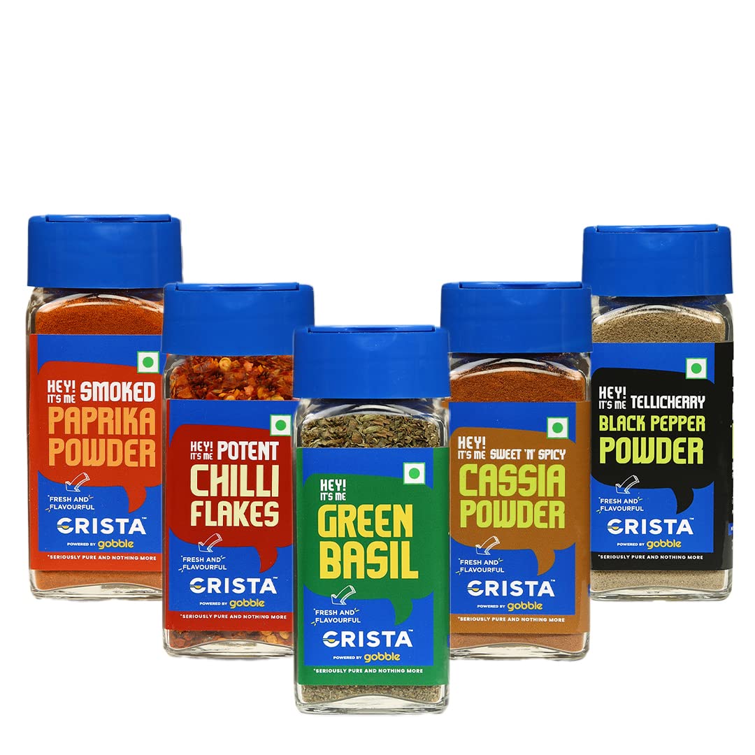 CRISTA Must-Haves Combo Pack (Basil 15 gm, Chilli Flakes 30 gm, Paprika Powder 45 gm, Black Pepper Powder 50 gm & Cassia Powder 40 gm) - Pack of 5