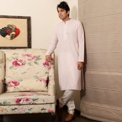 pink men's band collar cotton blend kurta-XS