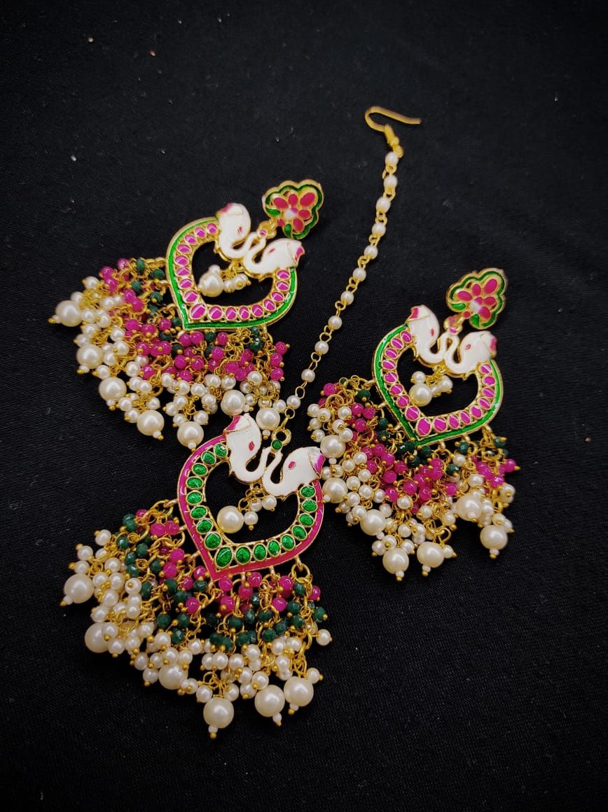 Traditional kundan earrings  With Maangtika Set By Zevar
