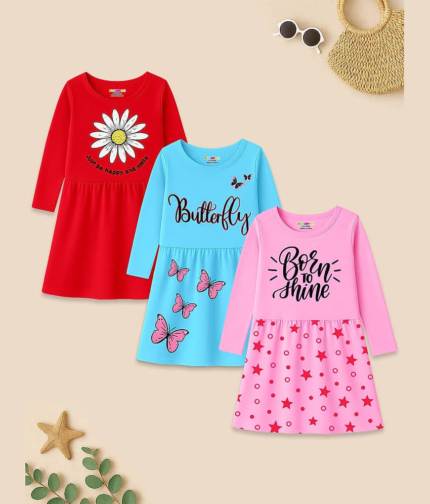 Kuchipoo Cotton Blend Dress For Girls ( Pack of 3 , Multicolor 1 )