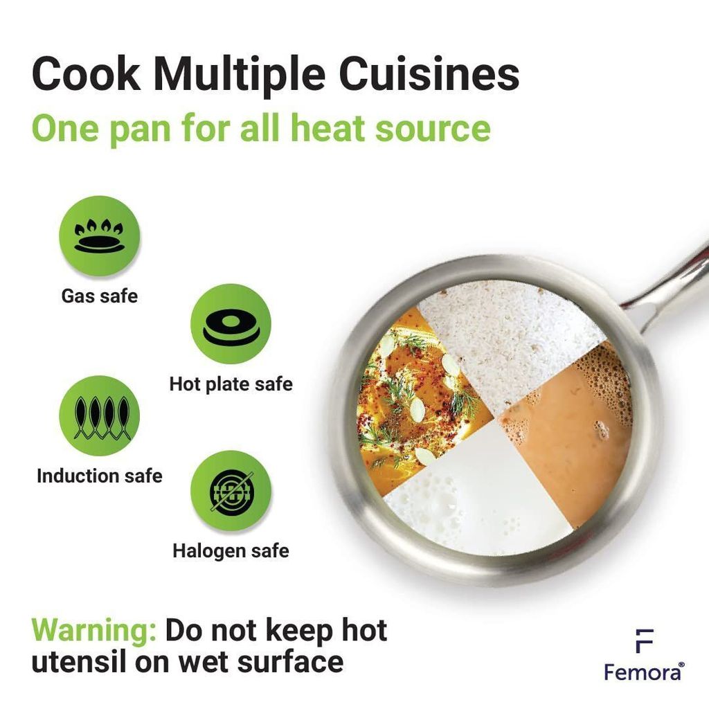 Femora Tri-Ply Sauce Pan, Induction & Gas Friendly Long Lasting, Naturally Non-Stick, 18 CM, 2.2 Liters, Silver