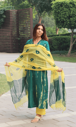 Cotton Green & Yellow Tie & Dye Suit with Kota Doria Dupatta-XXS