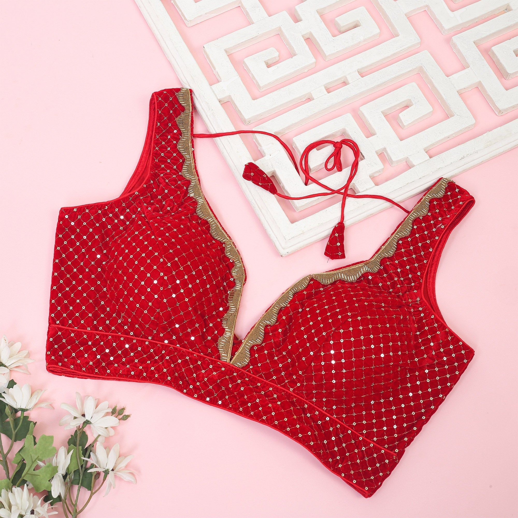 TheHangr Red Velvet Designer Blouse - 36