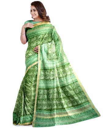 Light green yellow cotton silk hand printed maheshwari saree