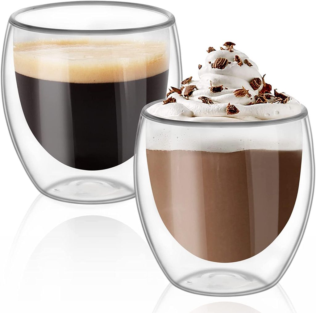 Double Wall Glass Coffee Cup | 250 ML | Two Layer Tea & Coffee Mug for Espresso, Latte, Cappuccino and hot & Cold Drinks | Pack of 2