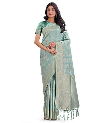 Astita Cotton Silk Saree with Zari Work, Mint Green and Silver, Tasselled Border Astita Cotton Silk Saree with Zari Work, Mint Green and Silver, Tasselled Border