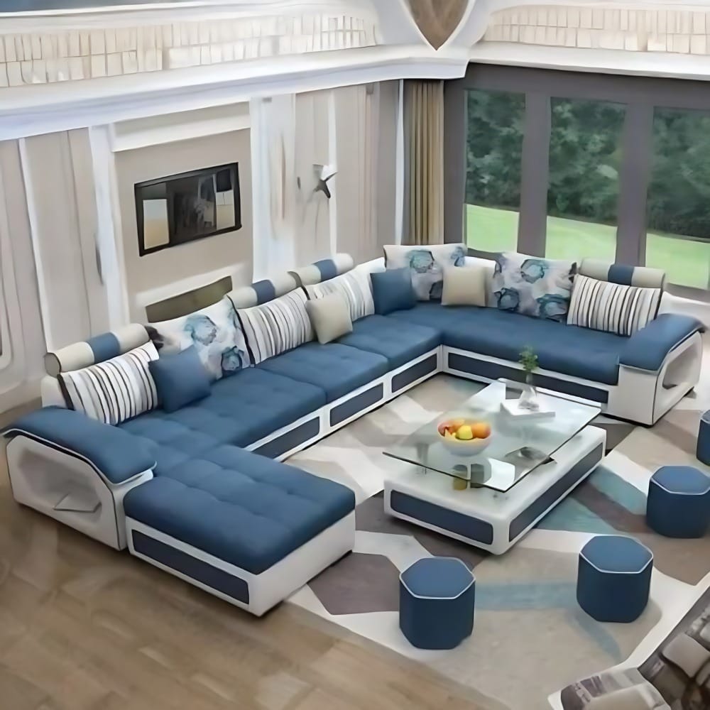 Starlet Furniture U Shape 9 Seater Fabric Sofa Set with Tea Table & 4 Puffy 9 (Blue)